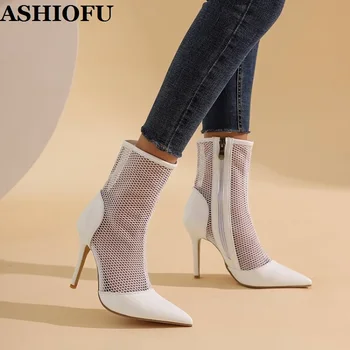 ASHIOFU/Ženske cipele ručne izrade na visoku petu cipele, novo 2021, pravi fotografije, zračni mrežaste kolaž ukusan večernje modne kratke čizme bijele boje Slika 0