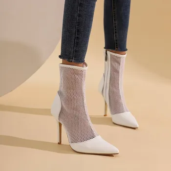 ASHIOFU/Ženske cipele ručne izrade na visoku petu cipele, novo 2021, pravi fotografije, zračni mrežaste kolaž ukusan večernje modne kratke čizme bijele boje Slika 1