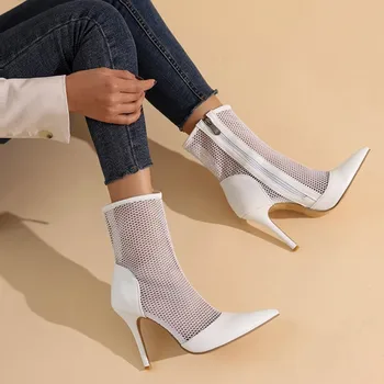 ASHIOFU/Ženske cipele ručne izrade na visoku petu cipele, novo 2021, pravi fotografije, zračni mrežaste kolaž ukusan večernje modne kratke čizme bijele boje Slika 2