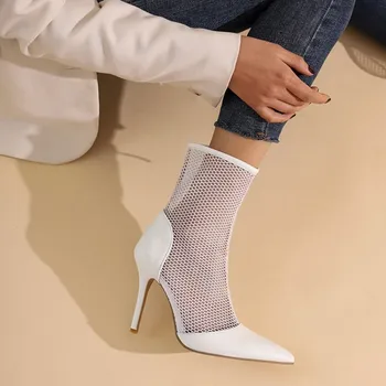 ASHIOFU/Ženske cipele ručne izrade na visoku petu cipele, novo 2021, pravi fotografije, zračni mrežaste kolaž ukusan večernje modne kratke čizme bijele boje Slika 3