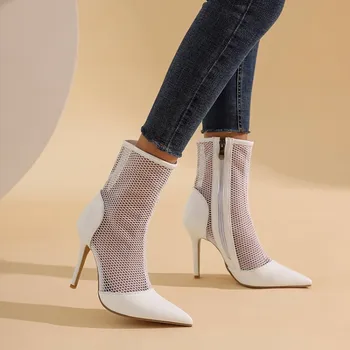 ASHIOFU/Ženske cipele ručne izrade na visoku petu cipele, novo 2021, pravi fotografije, zračni mrežaste kolaž ukusan večernje modne kratke čizme bijele boje Slika 4