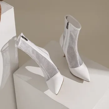 ASHIOFU/Ženske cipele ručne izrade na visoku petu cipele, novo 2021, pravi fotografije, zračni mrežaste kolaž ukusan večernje modne kratke čizme bijele boje Slika 5