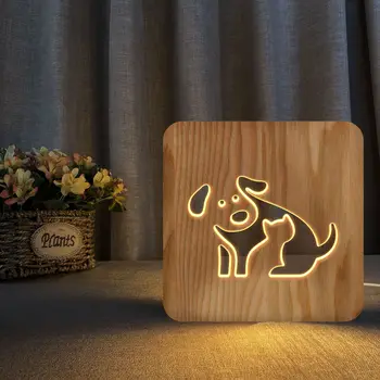 Mačka i Pas Simulacija Životinja 3d Led Drvena Žarulja Šuplje Navoj Lampe za Kreativni Dječji Krevet, Noćne Svjetiljke za Djecu Pokloni