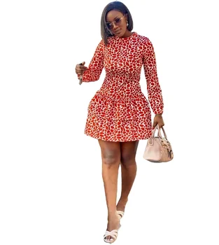 Ljeto 2021, Ženske haljine Cottagecore, Seksualno Afrički Ženske haljine s okruglog izreza i dugim rukavima, po cijeloj površini, Visokog struka, Рюшами, Mini haljinu, Ženska odjeća Slika 1