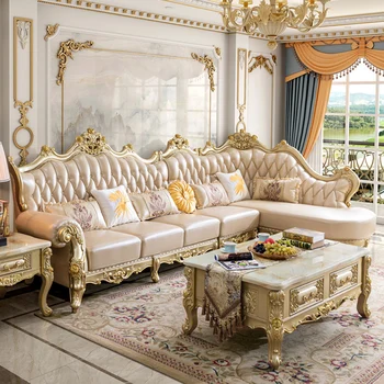 Europska kožna kutna garnitura, kauč od bičevati na gornjem sloju, luksuzna američka L-oblika salon namještaja od punog drveta