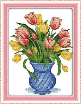 Cvjetovi Tulipana Waza (2) Setovi Za križićima 14CT Bijelog Platna 11CT Točan Ispis Vez DIY Ručni Rad Igla Rad Kućni Dekor