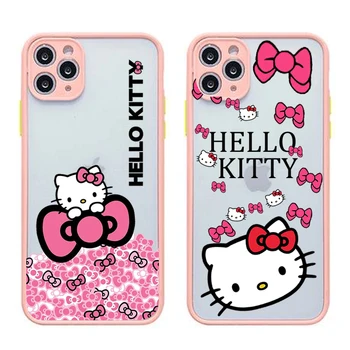 Slatka мультяшный Torbica Za telefon Hello Kitty za iPhone 13 12 11 Pro Max Mini XS 8 7 Plus X SE 2020 XR svijetlo roza Mat Prozirna Torbica Slika 0